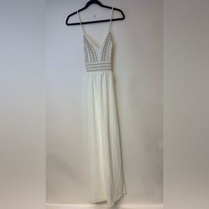 Lulus SZ S white gown sheer gold beads & stitching fairy feminine prom formal